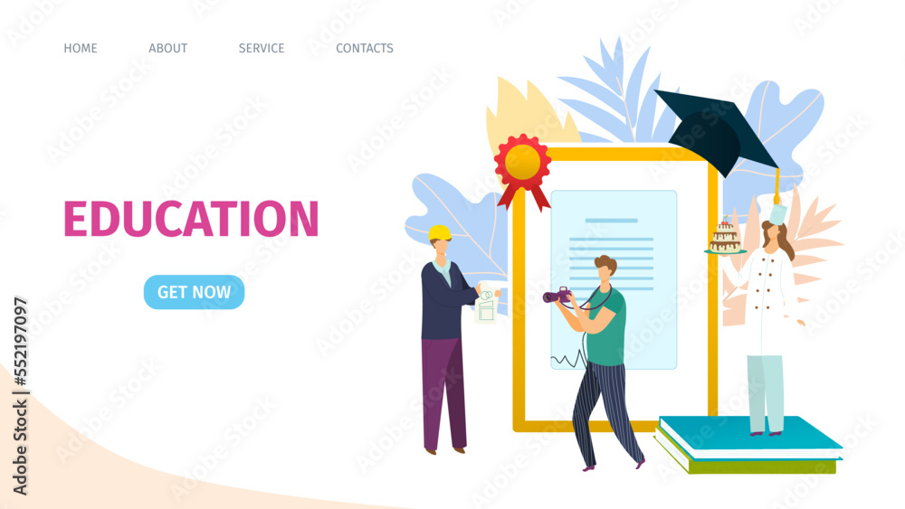 Vocational education training concept of learning, landing page, vector illustration. Business training and advanced training.