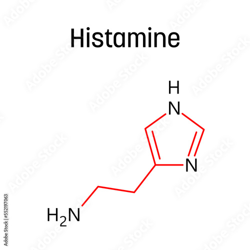 Histamine molecular structure. Histamine is organic compound involved in local immune responses, regulating physiological functions and acting as neurotransmitter. Vector structural formula of