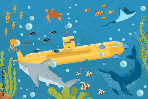 Yellow submarine undersea boat with fishes in ocean, sea, with periscope flat design, vector illustration. Marine theme.
