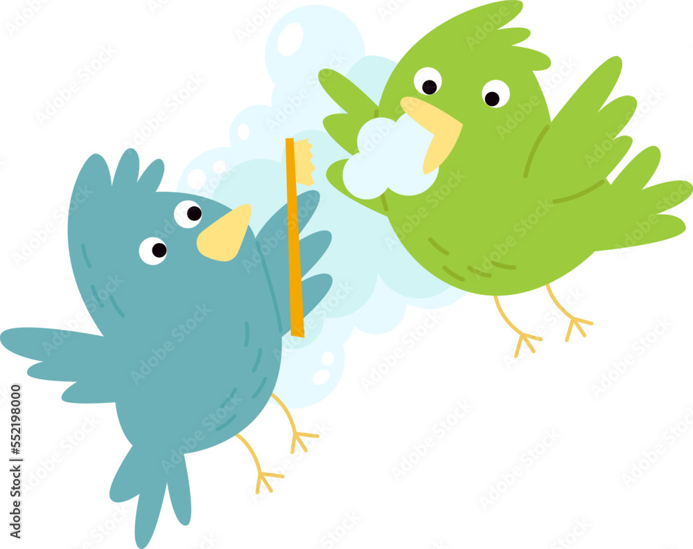 Cute birds brush teeth flat icon Funny cartoon birdie Cute birds brush teeth flat icon Funny cartoon birdie