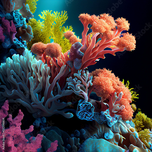 Coral reef in ocean made by AI. 3D colorful corals and anemones in tropical sea © Olesia