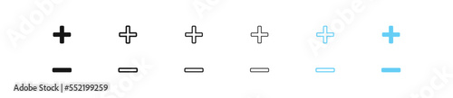 Plus icon. Minus sign. Add symbol. Remove symbols. Negative icons. Vector sign.
