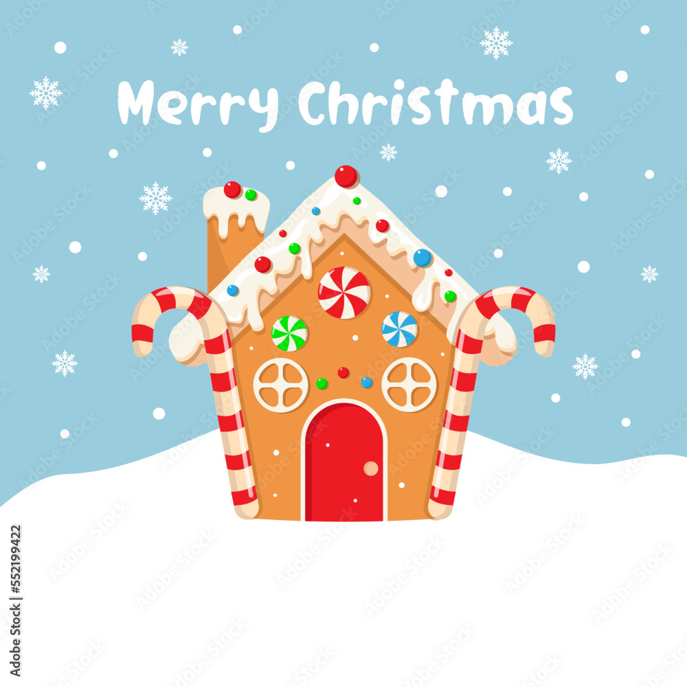 Cute vector greeting card of Gingerbread house,sweet christmas traditional cookie