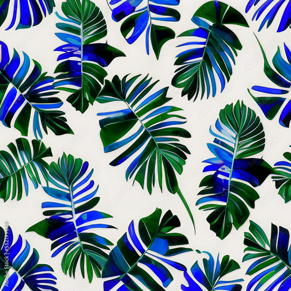 modern pattern with blue tropical leaves on white background, blue and dark green palm branches, backdrop for your banner, trendy texture with natural ornament