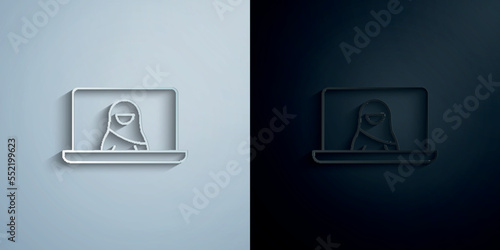 Video conference, muslim businesswoman paper icon with shadow vector illustration