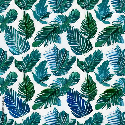 pattern with modern blue tropical leaves on white backdrop  blue palm branches  background for your banner  trendy texture with natural ornament