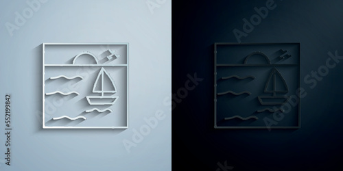 Sunset yacht outline paper icon with shadow vector illustration