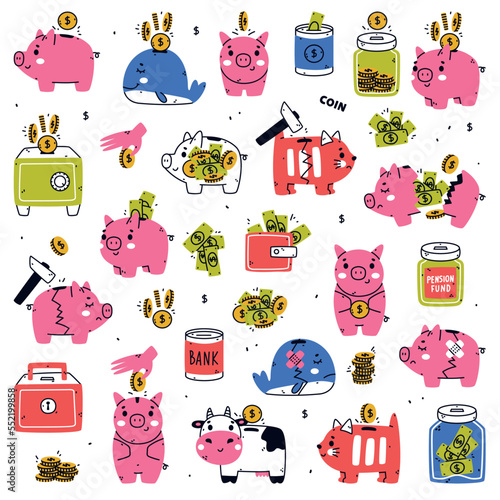 Money Box and Piggy Bank as Container for Coin Storage Vector Set