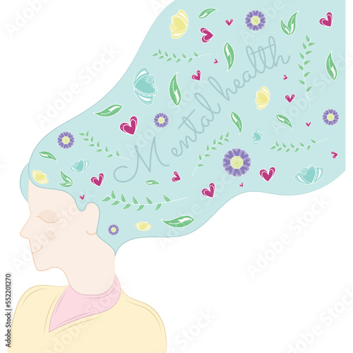 Cute girl avatar with long hair flowers and heart shape Mental health Vector illustration