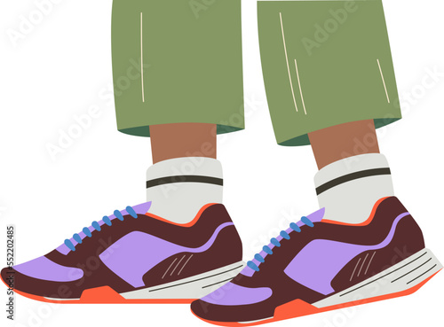 Trendy sneakers on leg flat icon Fashionable shoes