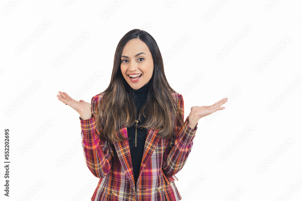 medium shot of a joyful girl in a colorful suit holding hands up and showing happiness, studio shot isolated. High quality photo medium shot of a joyful girl in a colorful suit holding hands up and showing happiness, studio shot isolated. High quality photo