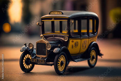 antique miniature taxi automobile with selective focus from a low perspective. Generative AI © AkuAku