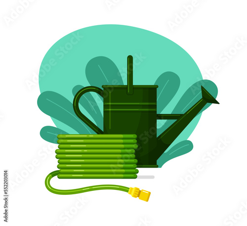 Garden watering can and hose with connector for pipes, faucets, rainwater tanks on leaves background. Agricultural equipment. Vector colorful flat cartoon illustration isolated on white