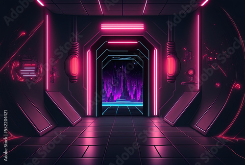 Sci fi dark scene with futuristic neon light background and copy area for display. Generative AI