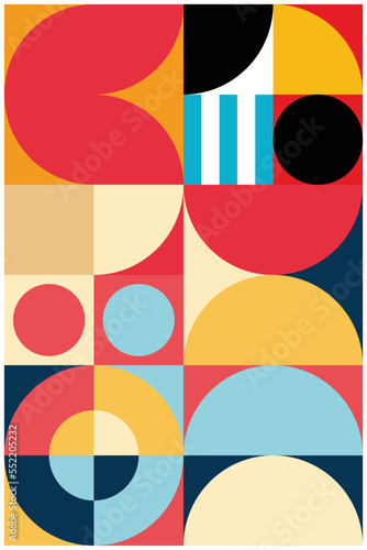 Background design with colorful geometric patterns in portrait orientation. Abstract background made of neatly arranged circles, squares and rectangles with a unique color combination.