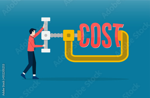 Cost reduction, cost optimization, cost efficiency concept. Businessman squeeze the word cost.