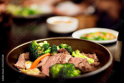 Vertical shot of delicious better than takeout beef with broccoli Generative AI