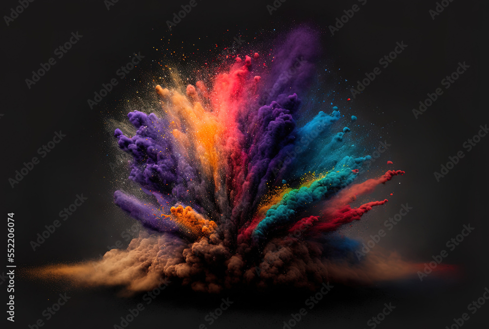 a dark backdrop with an abstract eruption of colourful dust. abstract backdrop with powder splatters. Generative AI