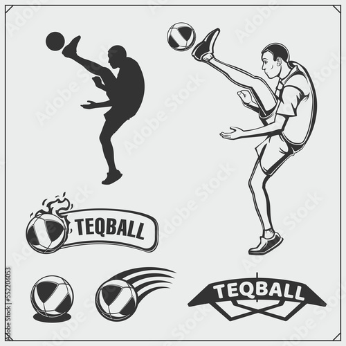 Teqball club labels, emblems, badges, design elements and silhouette of player. Black and white.