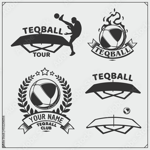 Teqball club labels, emblems, badges, design elements and silhouette of player. Black and white.