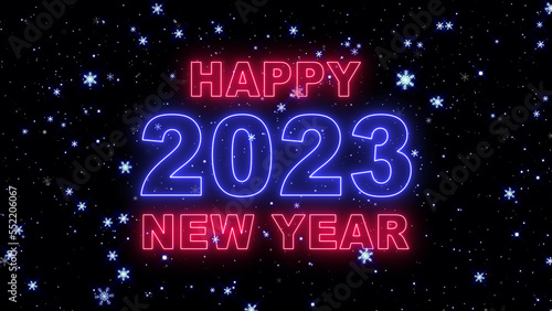 happy 2023 new year neon lights on dark background, shiny and glowing snow flakes, falling Christmas snow background