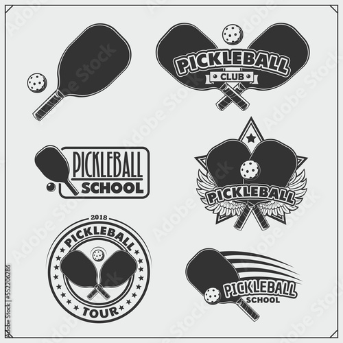 Pickleball labels, emblems, badges, design elements. Black and white.