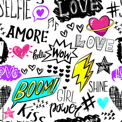 Bright seamless pattern with colorful hearts, words and hand drawing elements. Texture background. Wallpaper for teenager girls. Fashion style
