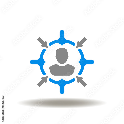 Vector illustration of aim with man. Icon of target customers. Symbol of we are hiring. Sign of HR Human Resources.