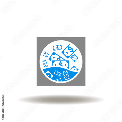 Vector illustration of washing machine drum with money cash. Icon of AML Anti Money Laundering. Symbol of stop legalization of dirty money. Sign of financial crime.