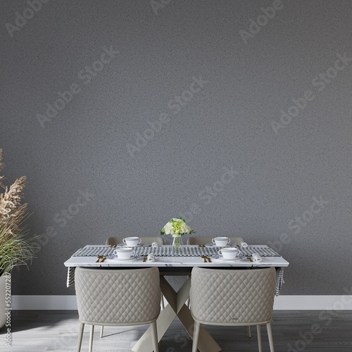 table and chairs, dining room wall mockup, interior empty wall