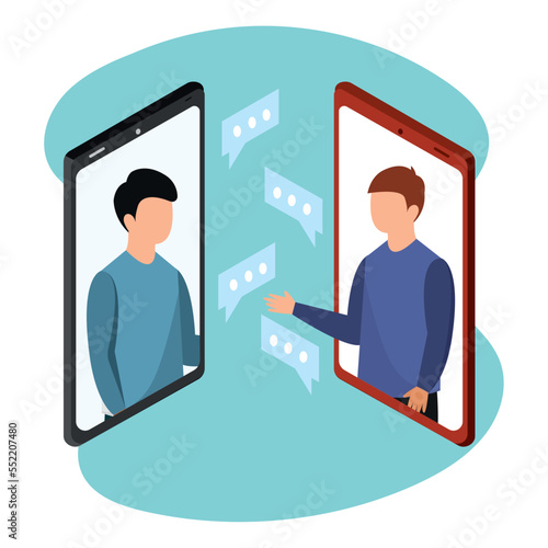 Pair of male characters interacting trought cellphones Vector
