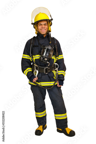 Full body young smiling African-American fireman in a fireproof uniform stands and looks at the camera, vertical orientation
