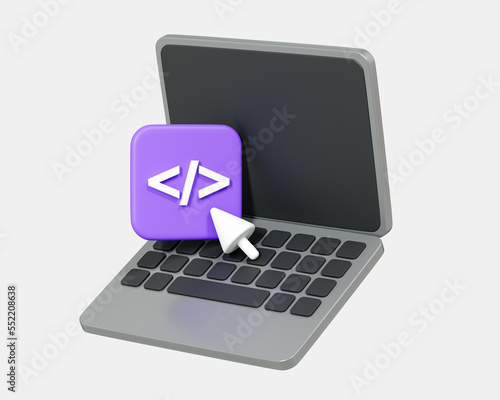 Fototapeta kuchenna 3D Computer laptop and program code development with cursor. Website programming. Web coding concept. Realistic elements. Cartoon creative design icon isolated on white background. 3D Rendering