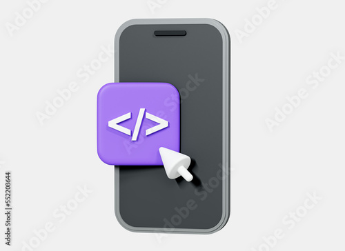 3D Mobile phone with program code development and cursor. Web coding concept. Website programming. Smartphone software. Cartoon creative design icon isolated on white background. 3D Rendering