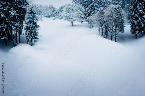 Vertical shot of beautiful snowy forest in winter Generative AI © Dyeru