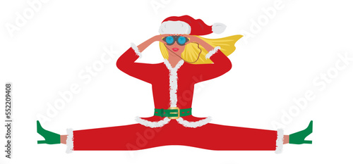 Cool Santa Claus woman looking throug binoculars, sitting in split position. Isolated on white. Vector illustration.