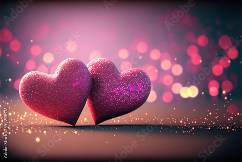 Two glittery hearts, Valentine's day or wedding illustration representing love. Pink design and bokeh. photo