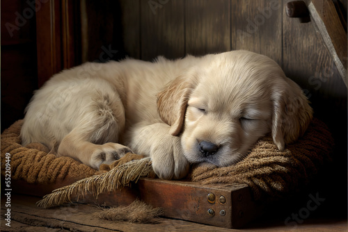 Cute golden retriever puppy sleeping in a rustic barn. Nap time !