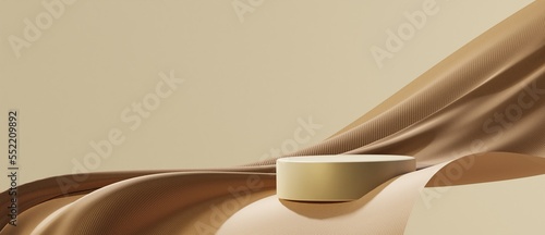 Minimal abstract beige background with podium and wave satin curtain. Round pedestal for natural cosmetics presentation. 3d rendering.