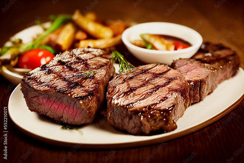 Vertical shot of grilled tasty beef steak with hot sauces Generative AI Vertical shot of grilled tasty beef steak with hot sauces Generative AI