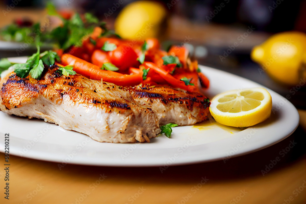 Vertical shot of delicious steak with vegetables Generative AI Vertical shot of delicious steak with vegetables Generative AI