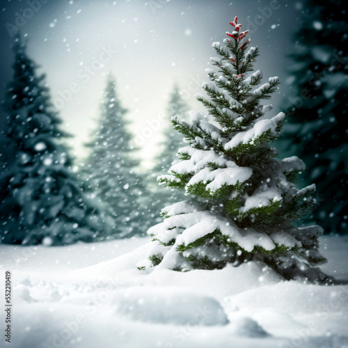 Horizontal shot of Christmas tree with cool decoration in winter Generative AI © Dyeru