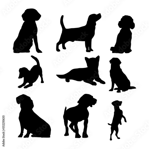 Silhouettes of various dog poses in black