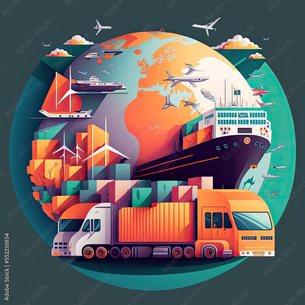 Global supply chain logistics network isometric illustration Icons set