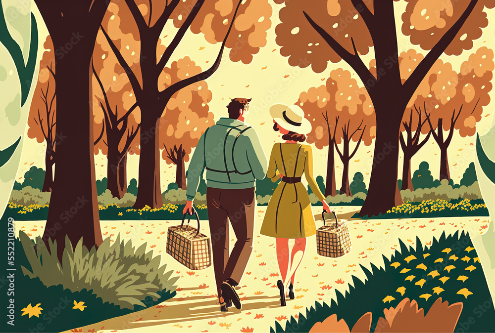 Rear view of a couple strolling in a metropolitan park while carrying a ...