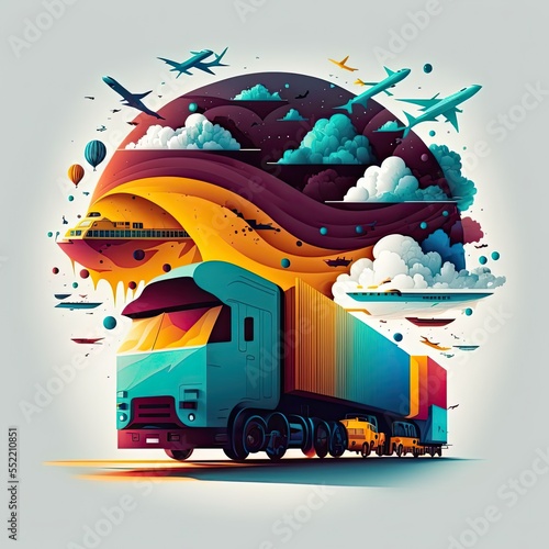 Global supply chain logistics network isometric illustration Icons set of air cargo trucking rail transportation maritime shipping On-time delivery Vehicles designed to carry large numbers of cargo photo