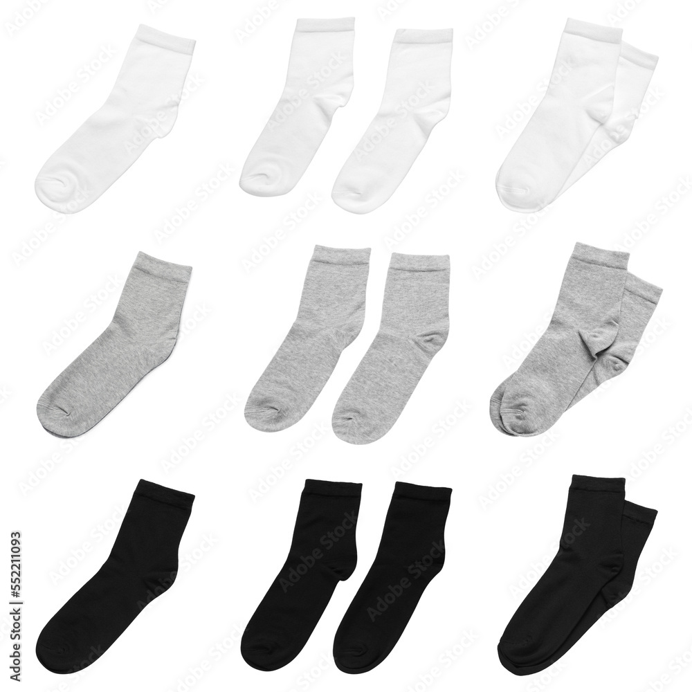 Set with different socks on white background Set with different socks on white background
