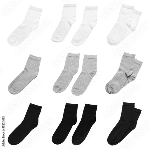 Set with different socks on white background