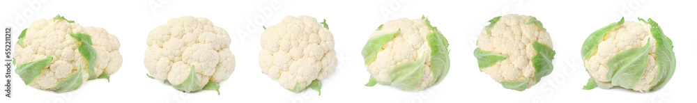 Set with fresh cauliflowers on white background. Banner design Set with fresh cauliflowers on white background. Banner design