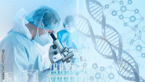 research and developement concept background scientist or reseacher using microscope in biotechnology laboratory overlay with DNA strand and molecules symbo; . concept of DNA engineering